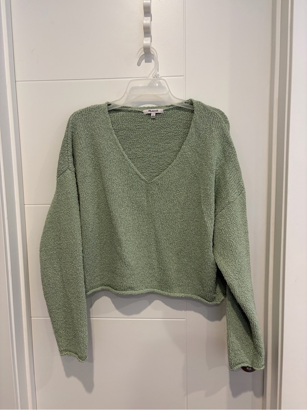 Madewell Light Sage V-Neck Cropped Knit Sweater